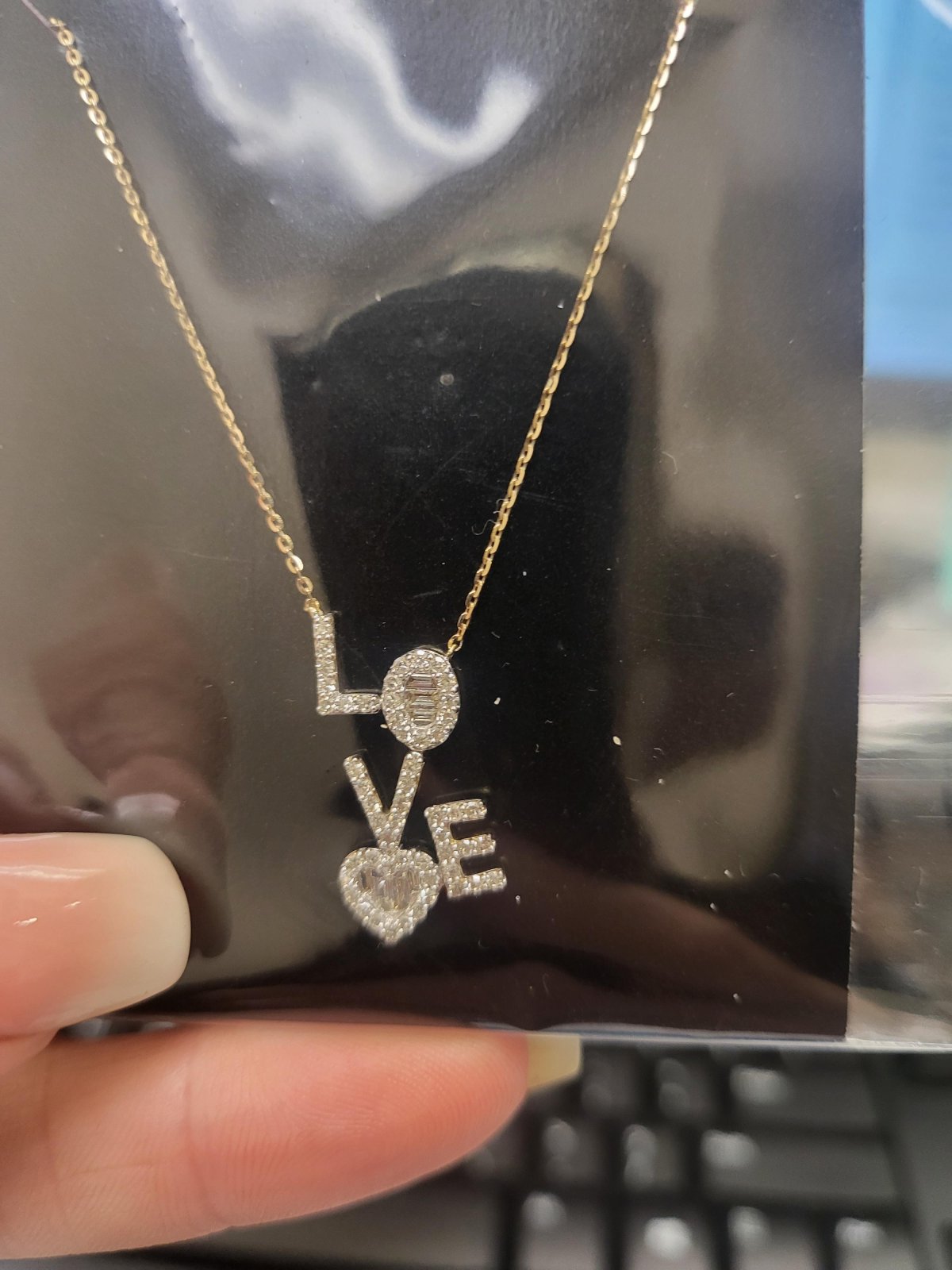 10kty 1/2ctw Diamond Round & Baguette "LOVE" Heart Necklace 17"