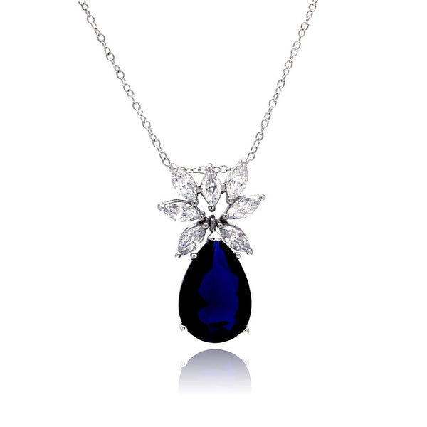.925 RHODIUM DIPPED CLEAR CZ & BLUE PEAR CZ NECKLACE
