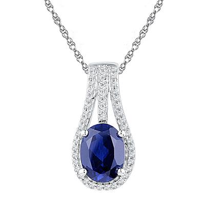 .925 RHODIUM DIPPED 1/8ctw Diamond 1 5/8ct Blue Sapphire Pendant
