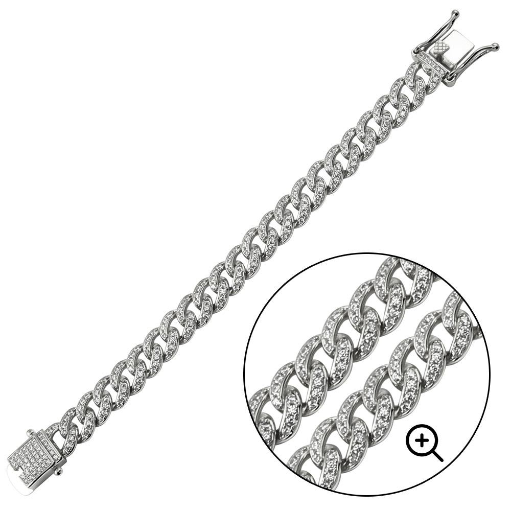 .925 RHODIUM DIPPED CZ ENCRUSTED CURB BRACELET 8.9MM 8"