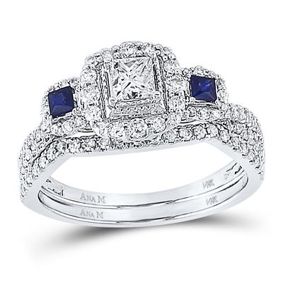 14ktw 7/8ctw Diamond 1/3ctw Center Princess Cut 1/6ct Blue Sapphire Bridal set.
