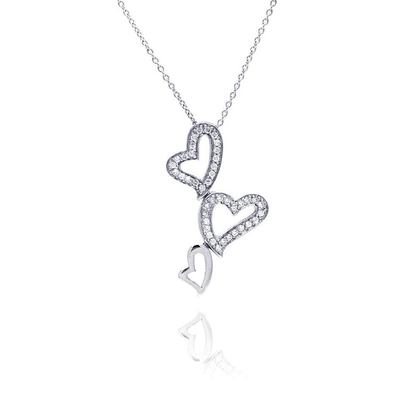 .925 Rhodium Dipped Silver and CZ Triple Heart Necklace