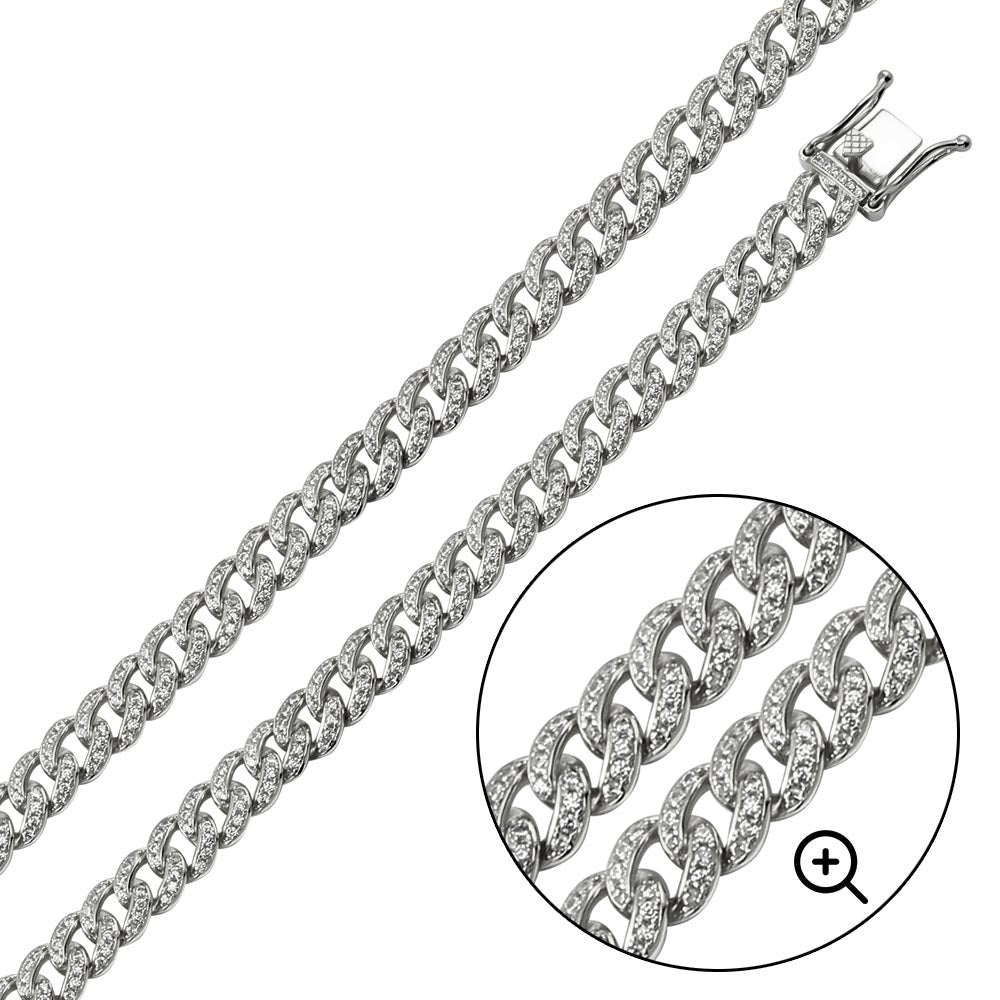 .925 RHODIUM DIPPED CZ ENCRUSTED CURB CHAIN 8.9MM 26"