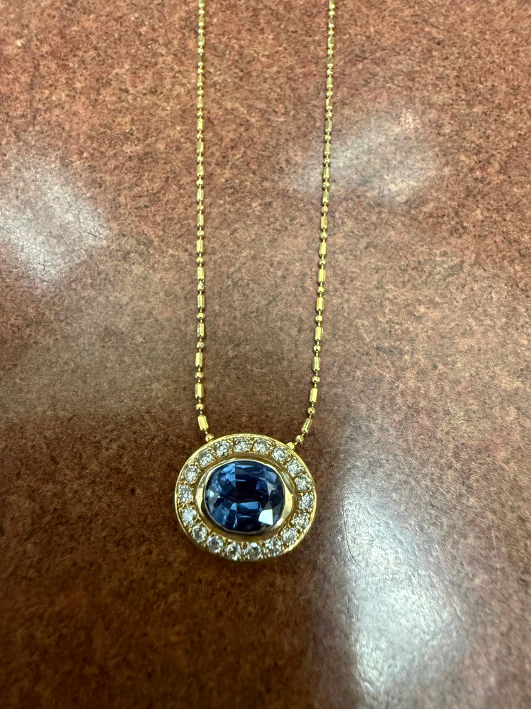 14kty Necklace 1 Oval Blue Sapphire 1.96ct 18 Round Diamond 0.35cttw
