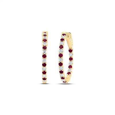 14kty 7/8ctw Diamond 1 1/3ct Ruby Inside Out Hoops