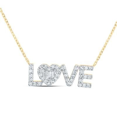 10kty 1/3ctw Diamond Round & Baguette Heart "LOVE" Necklace