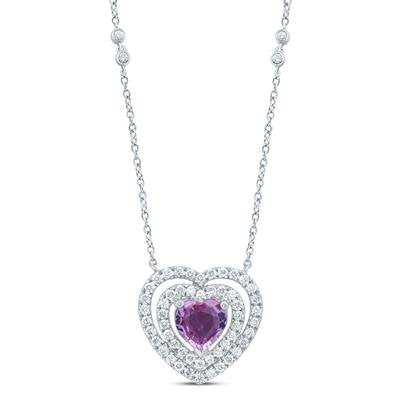 14ktw 3/8ctw Diamond 6x6mm Heart Pink Sapphire Necklace 18"