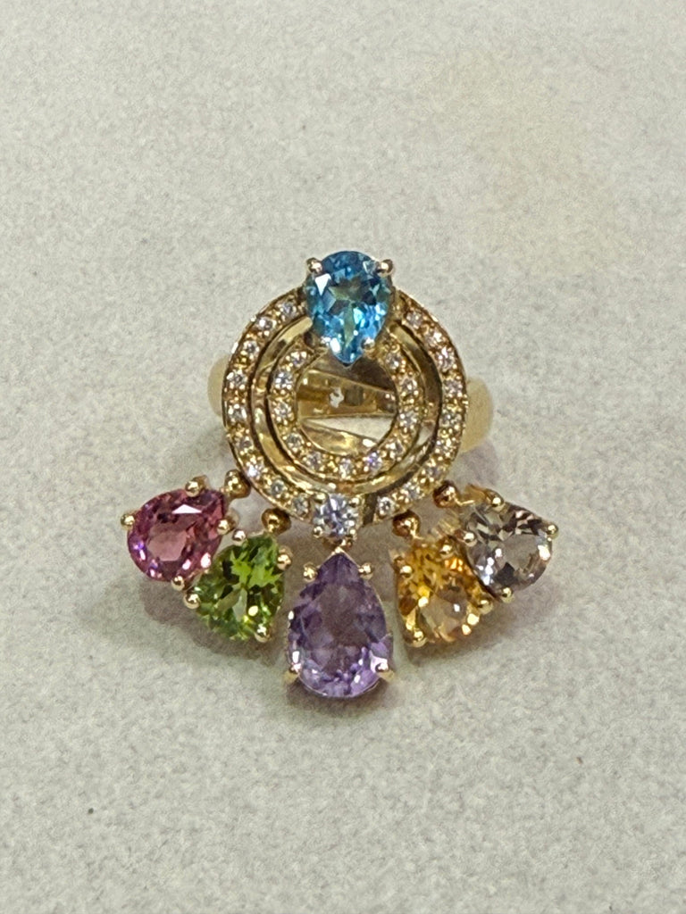 18kty Ring w/6 Semi-Precious Multi-Color Pear-Shape Gemstones 30 Round Diamonds VVS