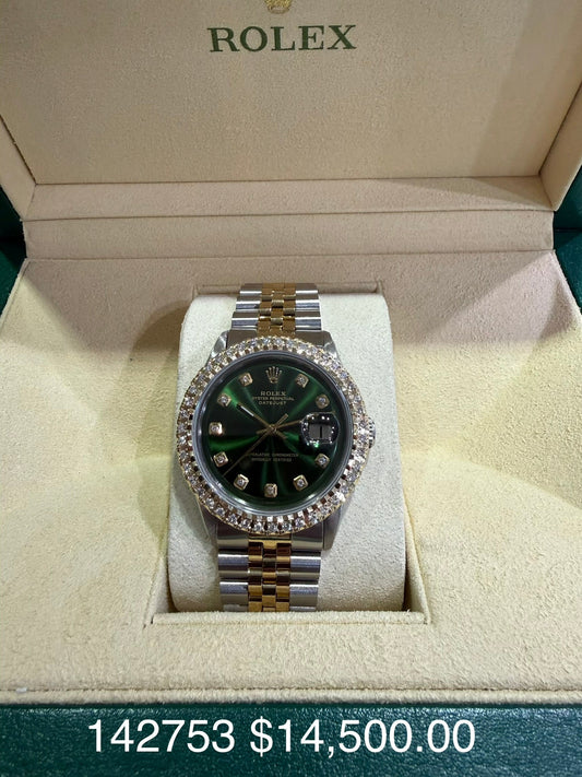 Rolex 36mm 2t Datejust Diamond Green Dial Aftermarket Gold-Plated Diamond Bezel & Two-Tone Bracelet 1601 S/N 2365532
