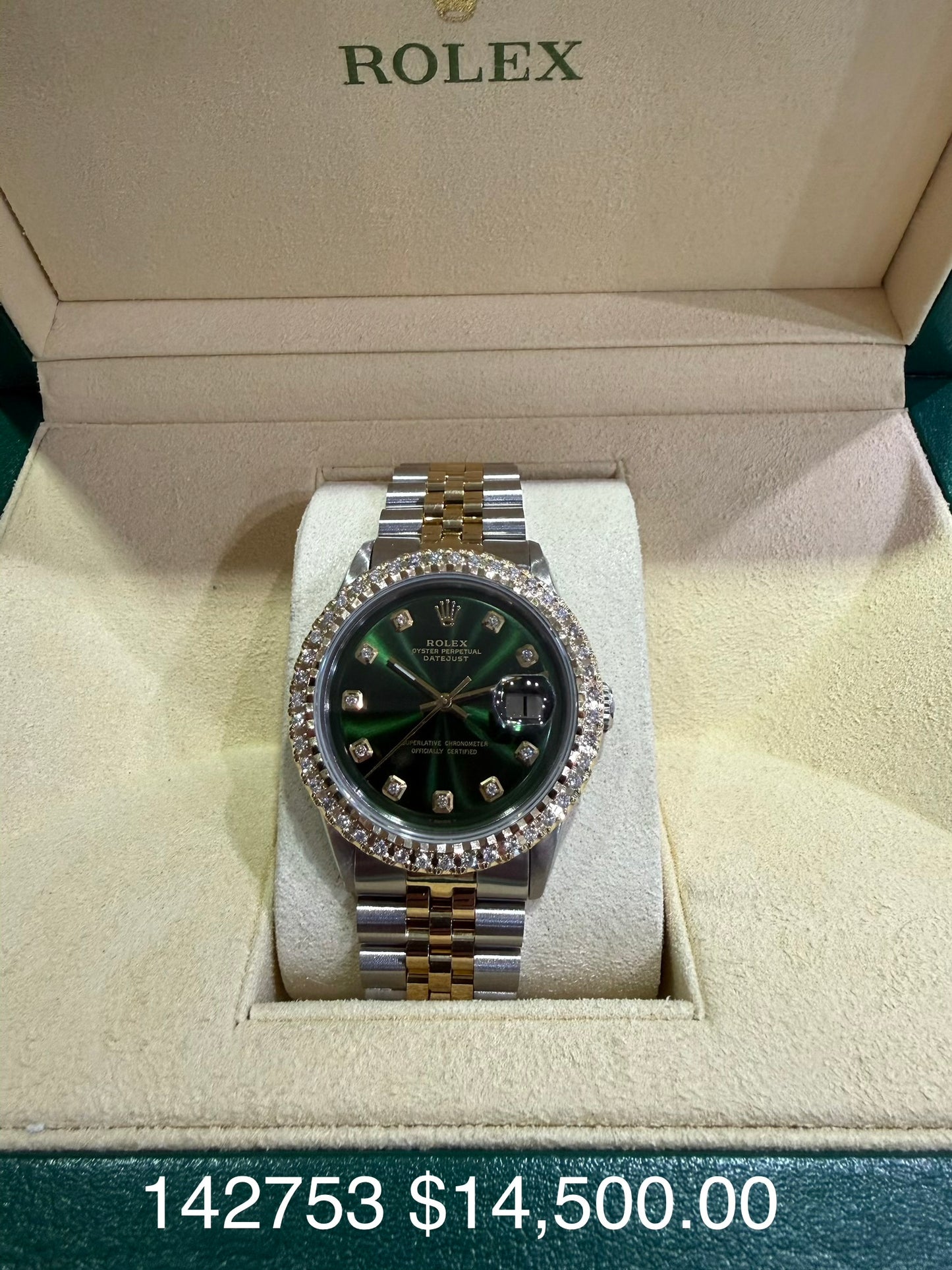 Rolex 36mm 2t Datejust Diamond Green Dial Aftermarket Gold-Plated Diamond Bezel & Two-Tone Bracelet 1601 S/N 2365532