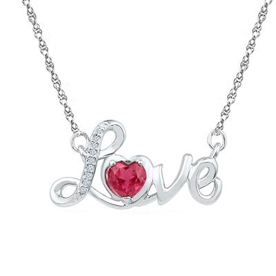 .925 RHODIUM DIPPED 1/20ctw Diamond 1/2ct Ruby Love Pendant