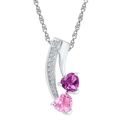 .925 RHODIUM DIPPED 3 STONE 1/20CT Diamonds 1/2ct  Amethyst 1/2ct Pink Sapphire Pendant