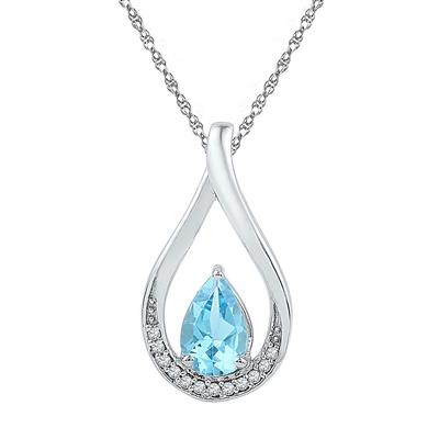 .925 RHODIUM DIPPED 1/20ctw Diamond 1ct Blue Topaz Tear drop Pendant